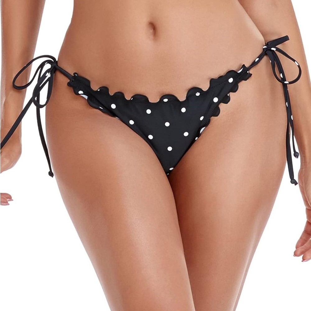 RELLECIGA Women's Wavy Tie-Side Brazilian Bikini Bottom Black Polka Dot NWT